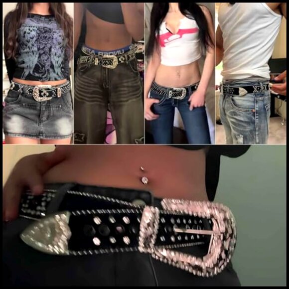Rhinestone Studded Western Leather Belt Y2K Goth Punk Rock Designer Accessory